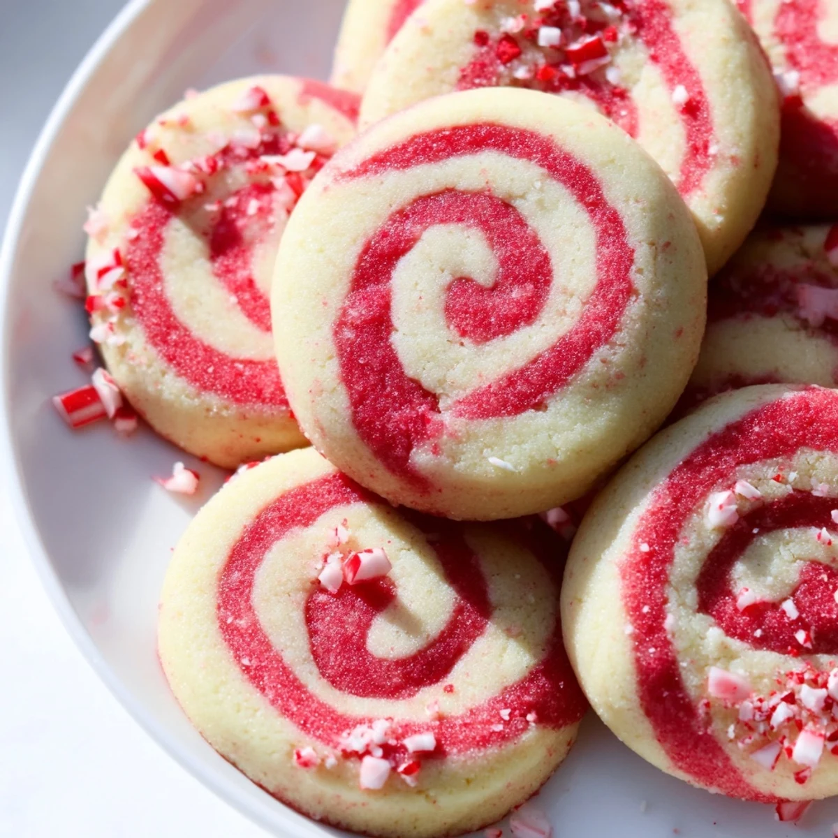 Freshly baked Candy Cane Pinwheel Cookies, perfectly crisp with a dusting of crushed candy canes, ready for serving.