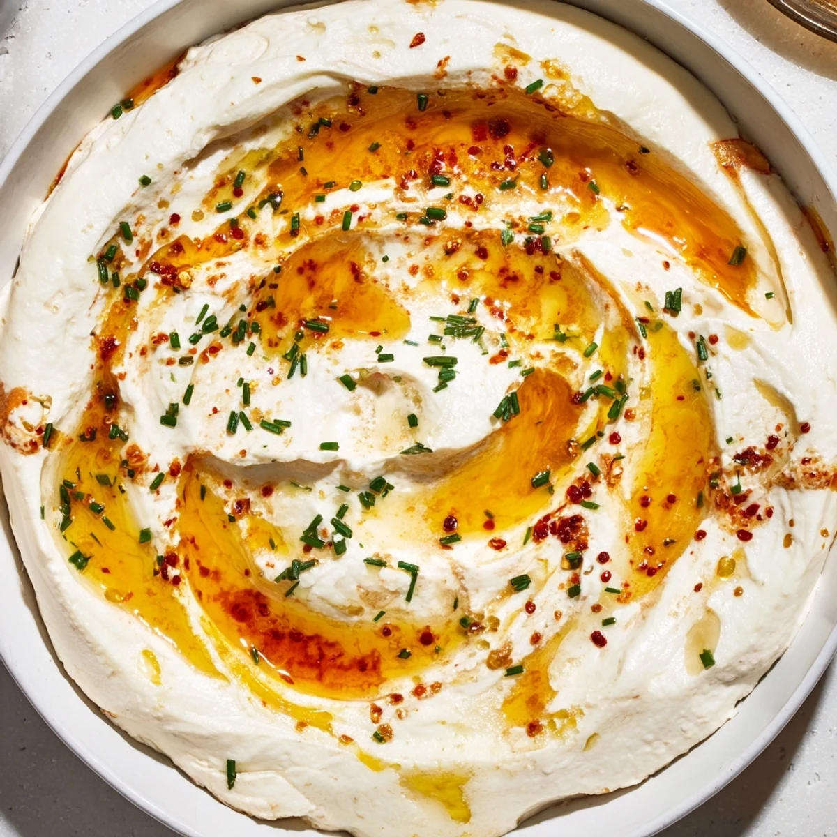Whipped Ricotta Dip with Hot Honey Swirl, a creamy appetizer with savory, spicy, and sweet flavors.