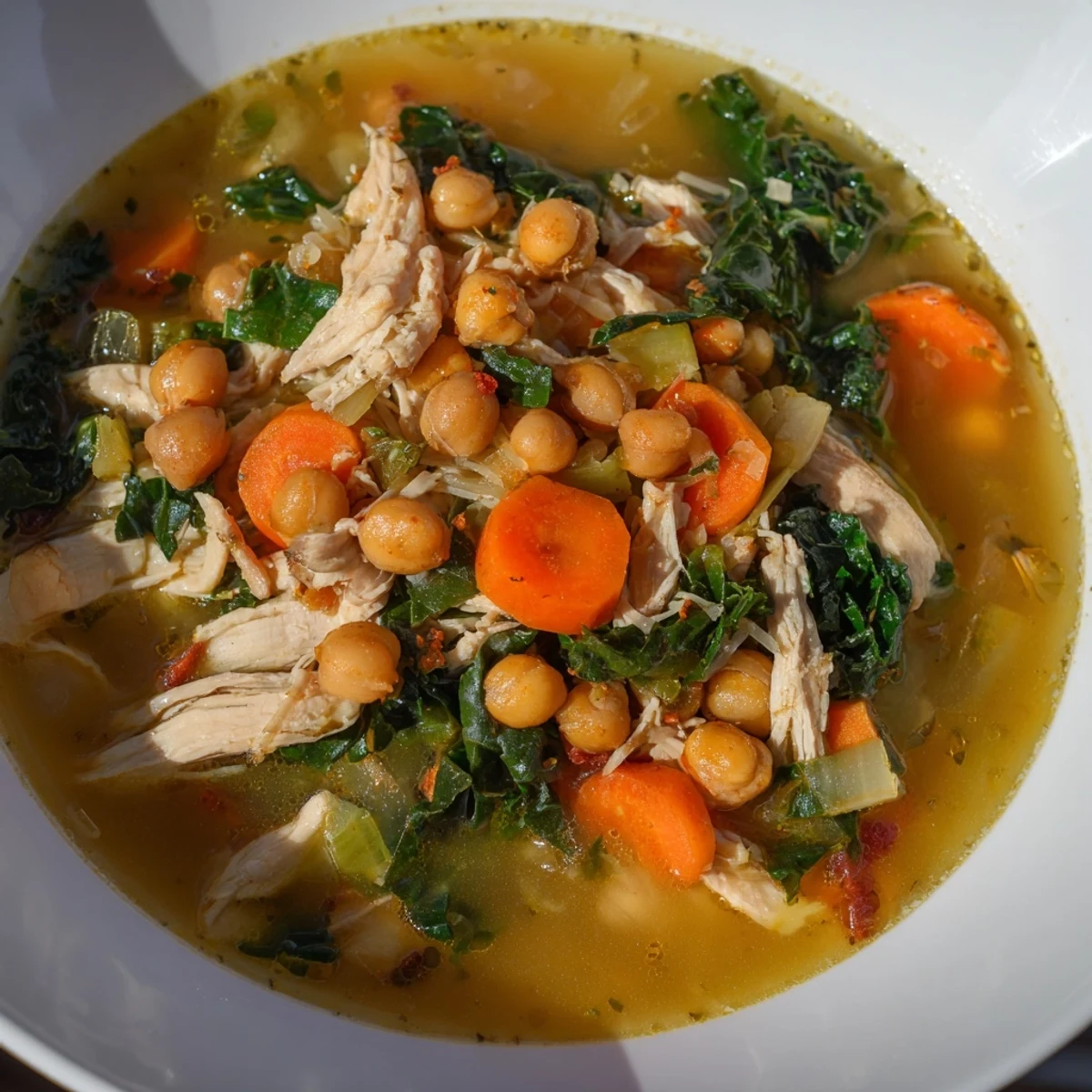 Chicken Kale Soup with Crispy Chickpeas, a warm bowl filled with tender chicken and crunchy chickpeas.