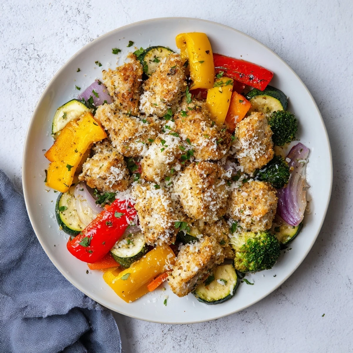Golden Garlic Parmesan Chicken Bites, served with roasted vegetables on a sheet pan, ready to eat.