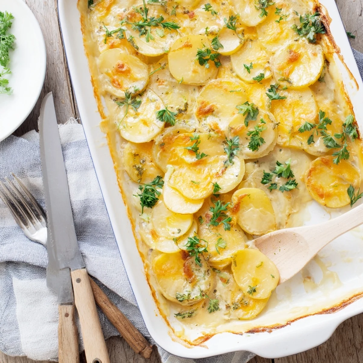 Golden, bubbling Cheesy Scalloped Potatoes, a Southern-style casserole, is ready for serving.
