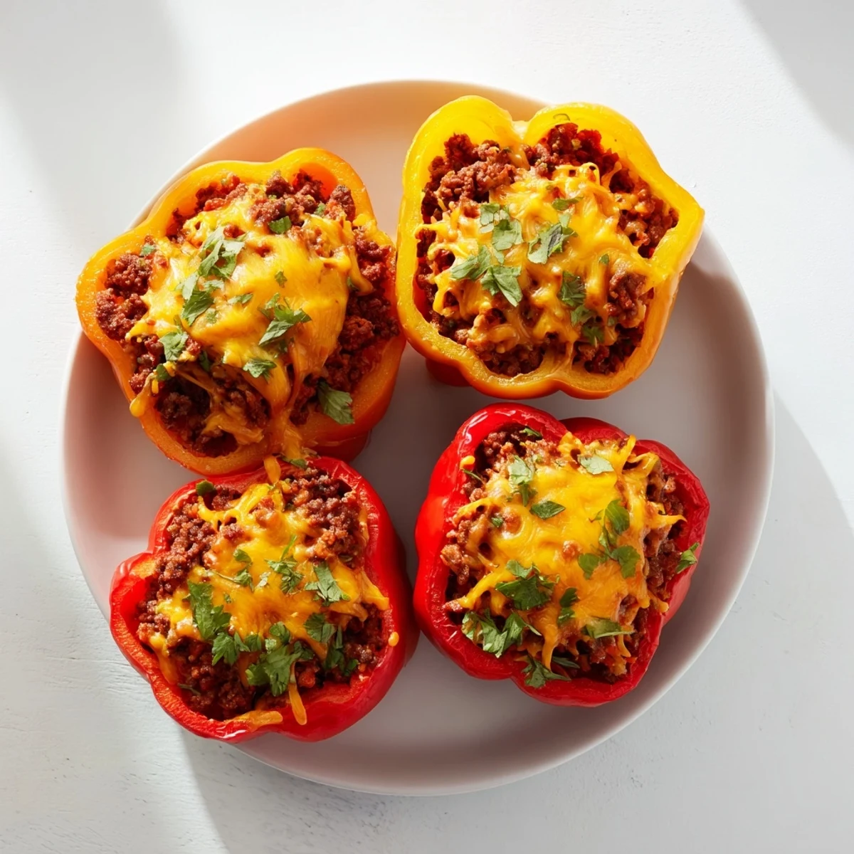 These juicy Sloppy Joe stuffed bell peppers show the savory beef and tomato filling topped with melted cheddar.