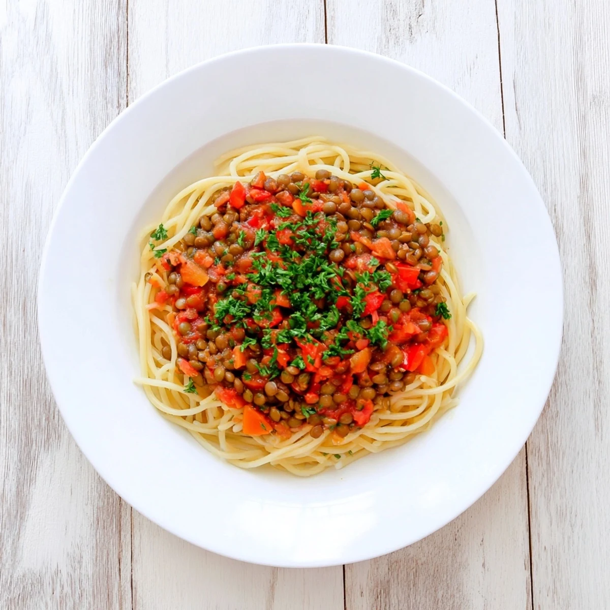 This vibrant photo shows a hearty lentil bolognese, rich in flavor, and perfect for a comforting meal.