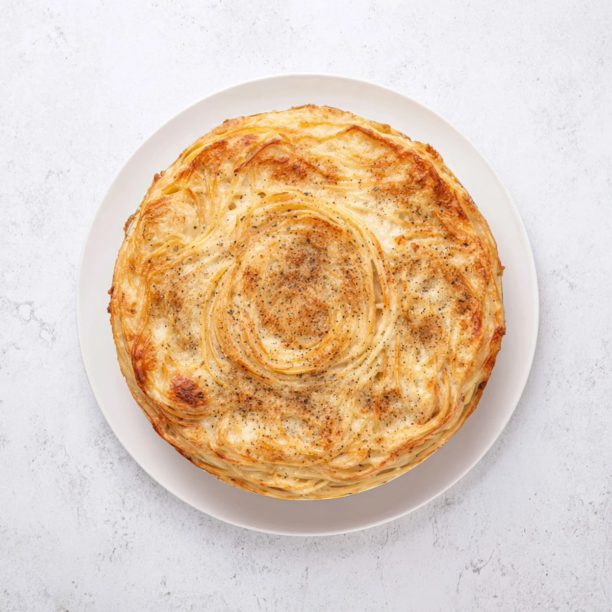 Golden-crusted Cacio e Pepe pasta pie, a comforting baked Italian main ready to slice.