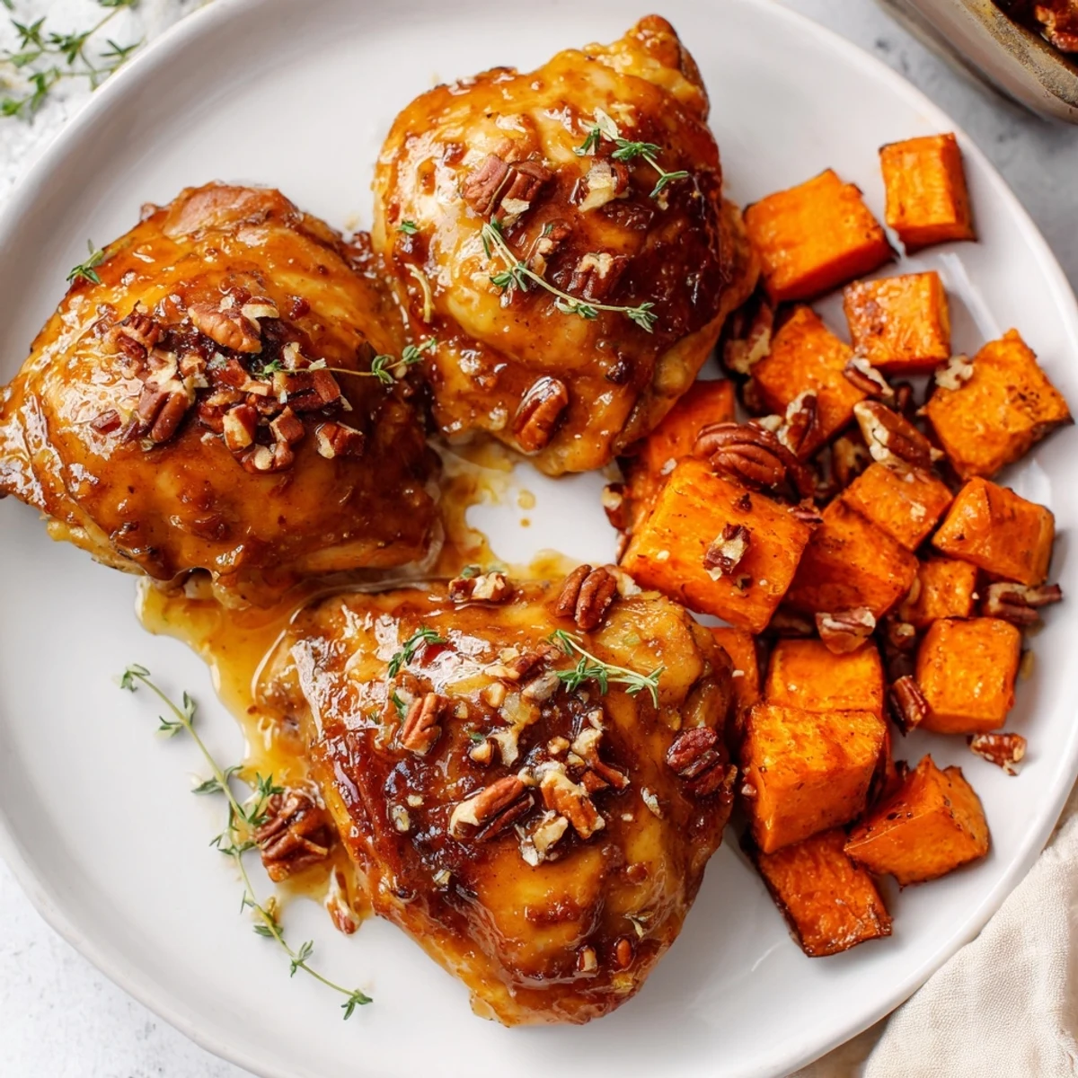 Golden-brown maple glazed chicken with tender sweet potatoes, perfect for a cozy, gluten-free dinner.