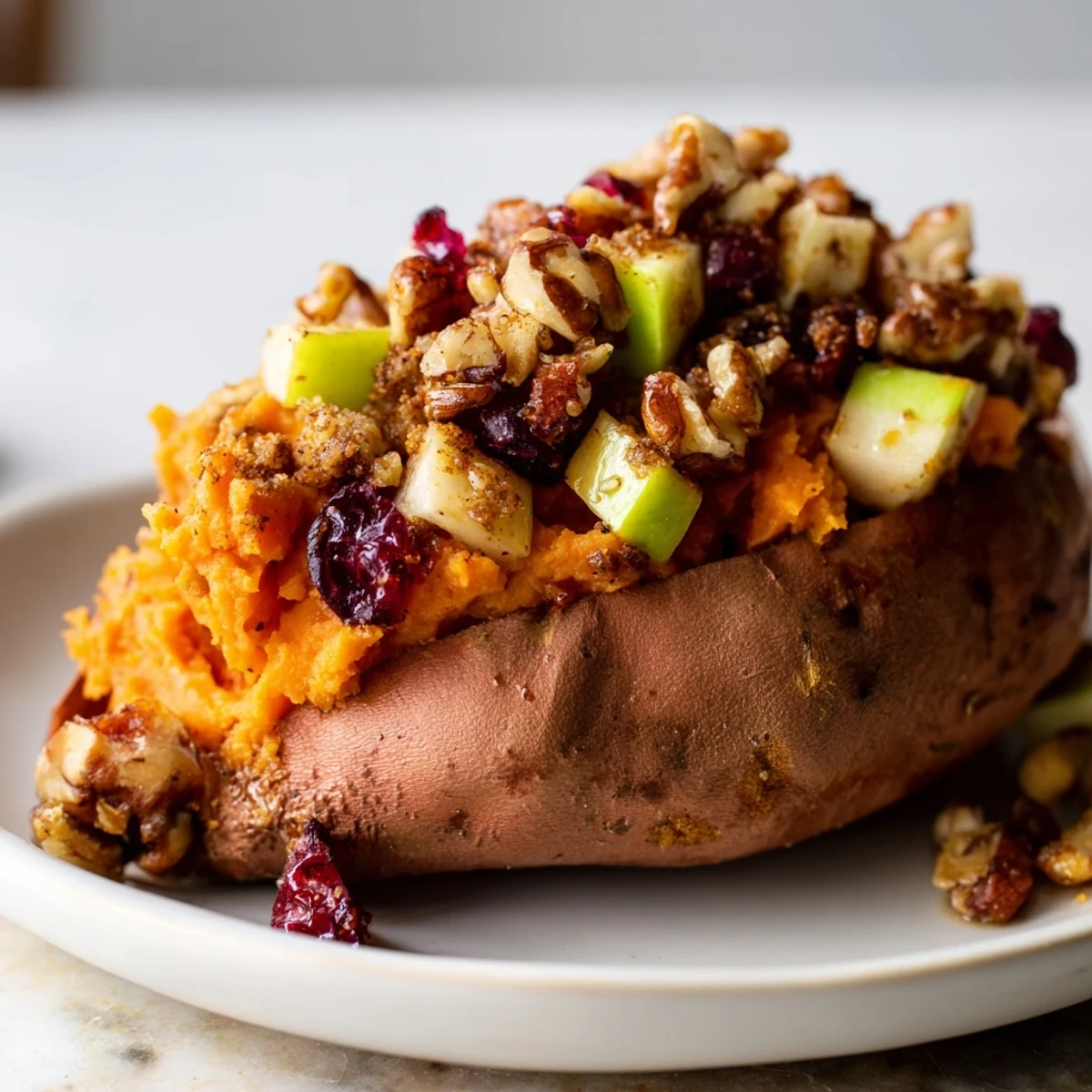 Vibrant image of oven-baked Cranberry Apple Twice-Baked Sweet Potatoes, perfect for Thanksgiving or a weeknight meal.