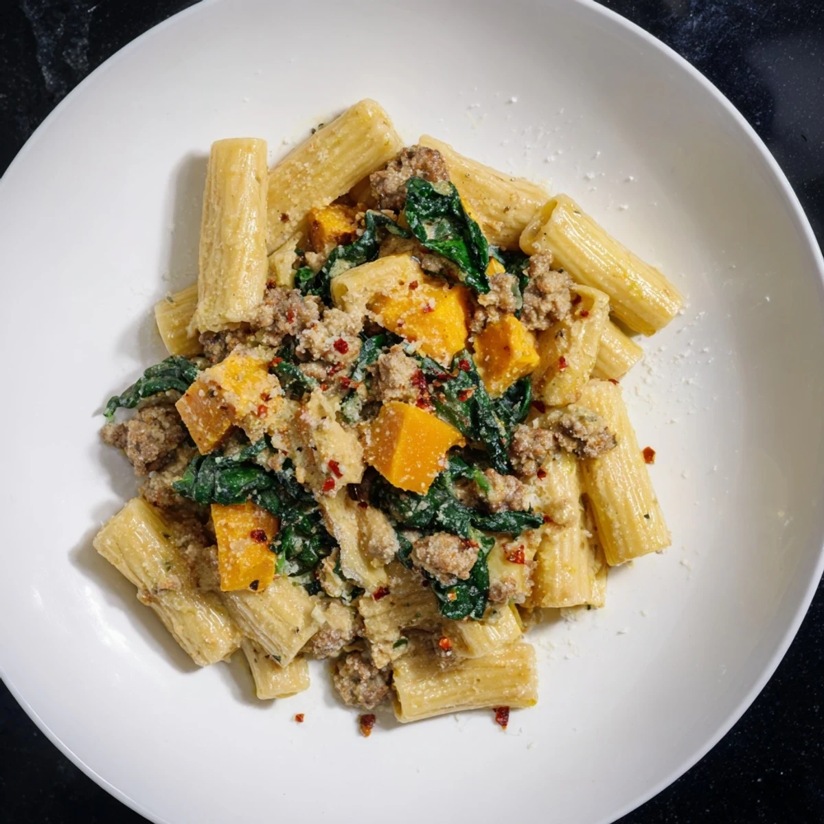 Creamy rigatoni with butternut squash: A close-up of the flavorful pasta topped with fresh Parmesan cheese.