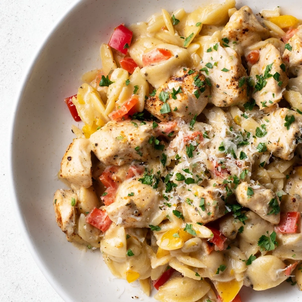 A steaming bowl of one-pot Cajun Chicken Alfredo Orzo, with visible chunks of chicken and vibrant red peppers.