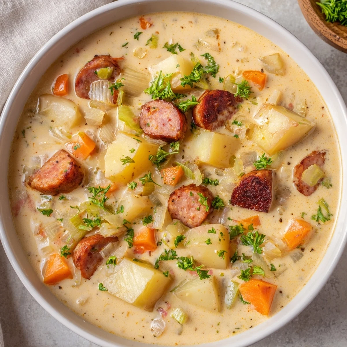 Warm bowl of creamy chorizo potato soup, garnished with parsley, a comforting winter dish.