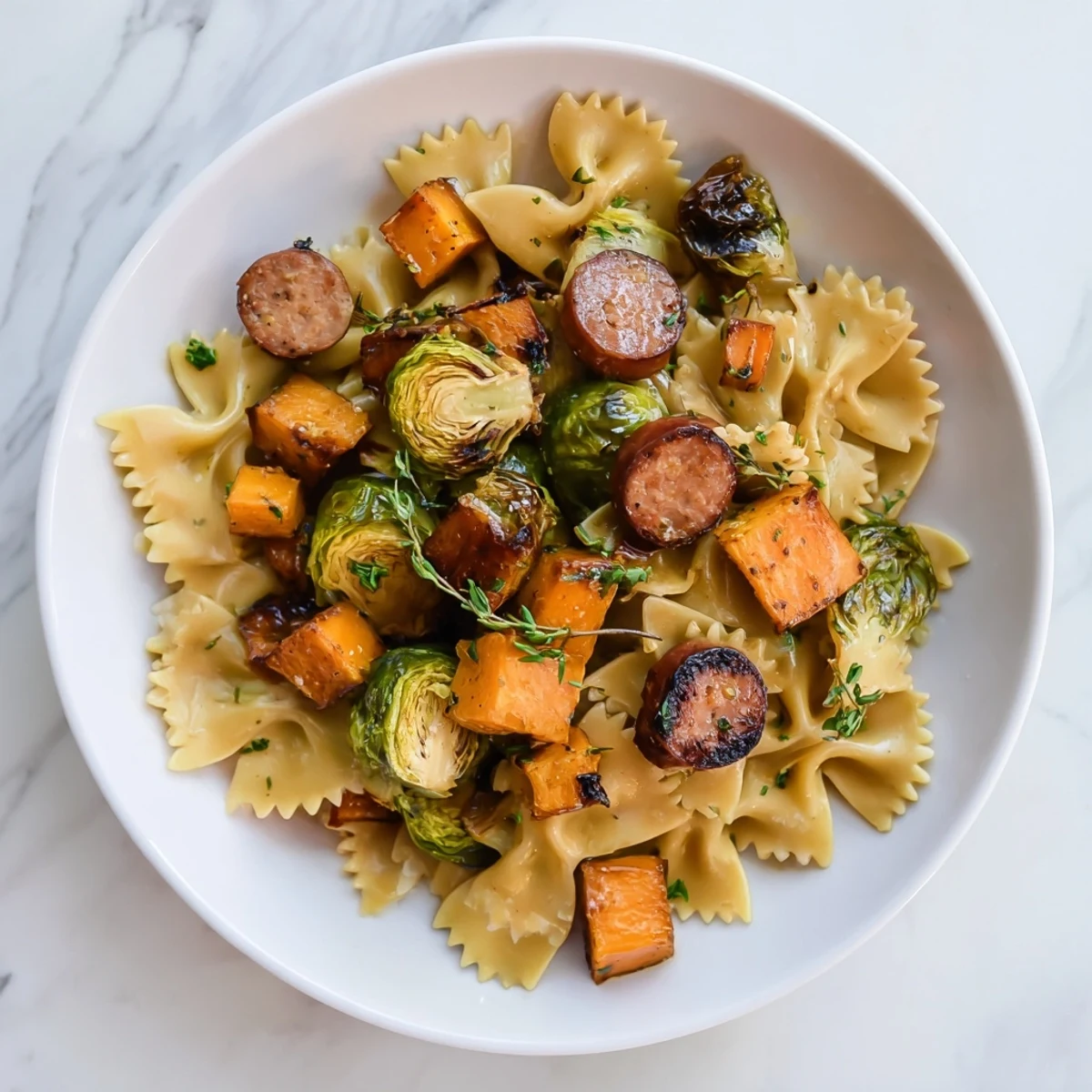 Golden butternut squash chunks and bow tie pasta blend in this Autumn Sausage Pasta Squash.