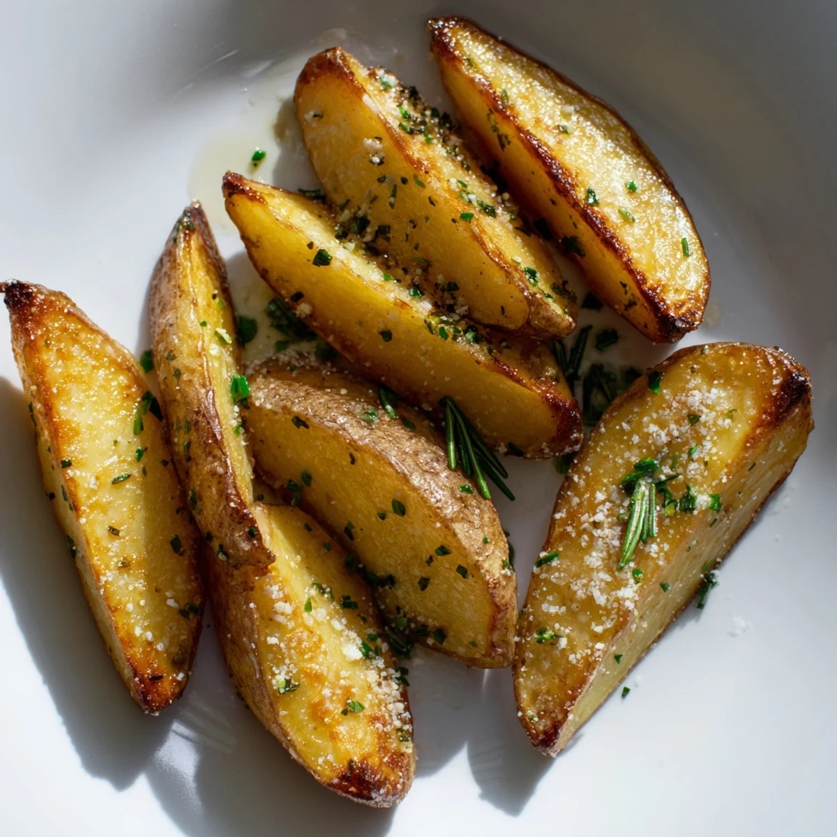 Golden, crisp Quick Rosemary Roast Potato Wedges, ready to serve, with fragrant herbs, a perfect side dish.
