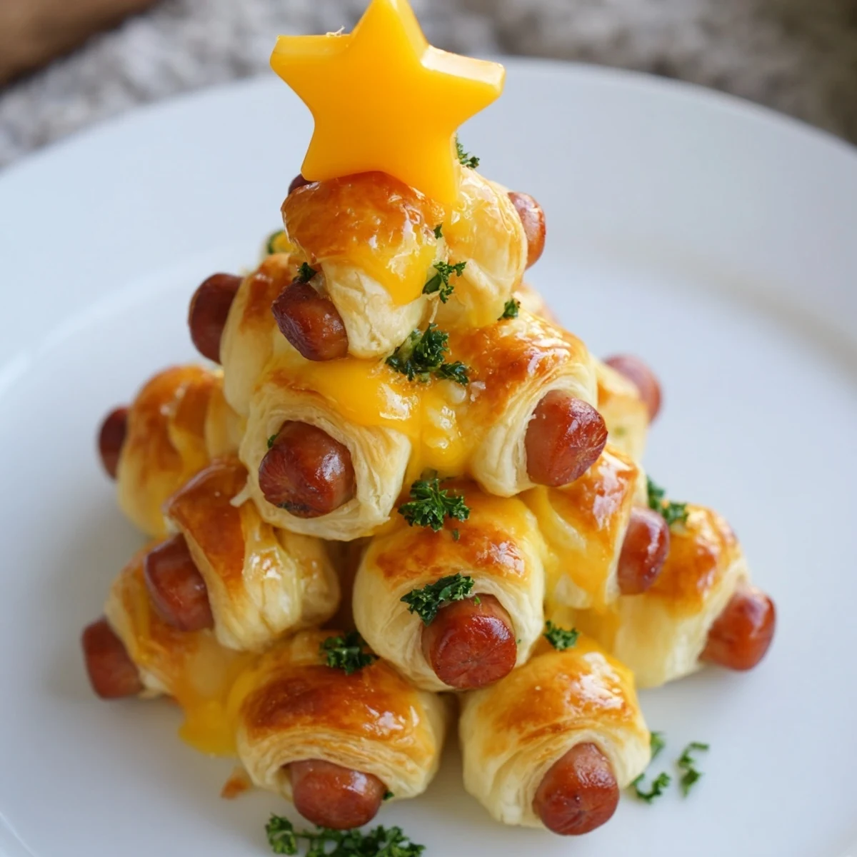 Golden-brown Express Pigs in Blanket Christmas Tree arranged with tasty pastry, ready for dipping sauce.