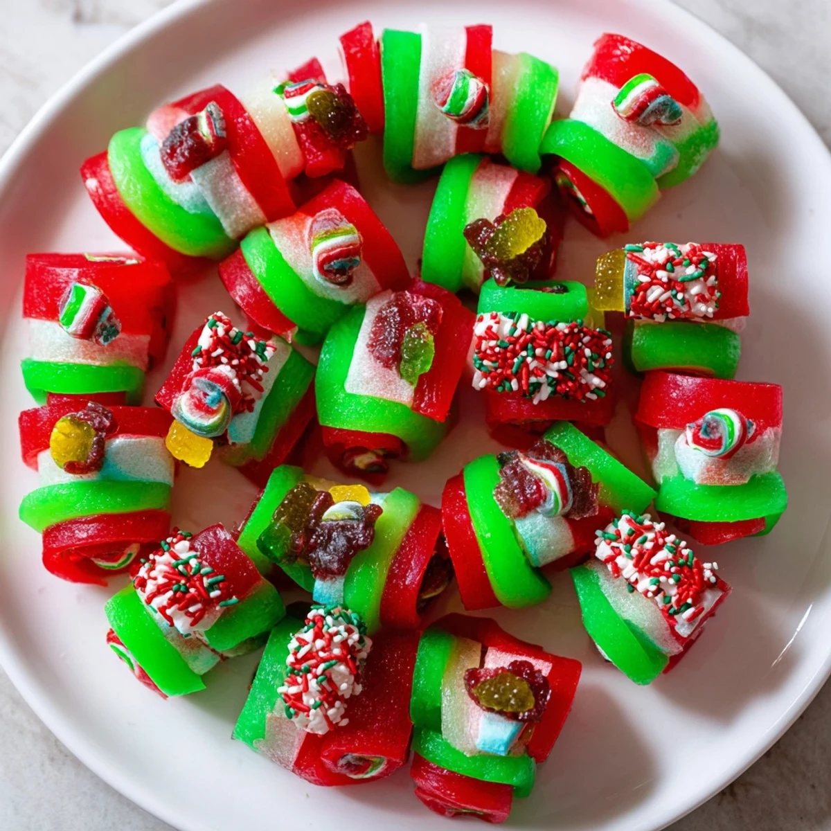 Sweet Easy Christmas Fruit Rollup Sushi rolls bursting with marshmallows, sprinkles, and gummy worms.