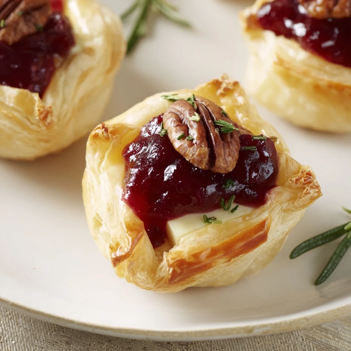 Express Cranberry Sauce Brie Bites, golden pastry cups overflowing with warm melted Brie and vibrant cranberry sauce.
