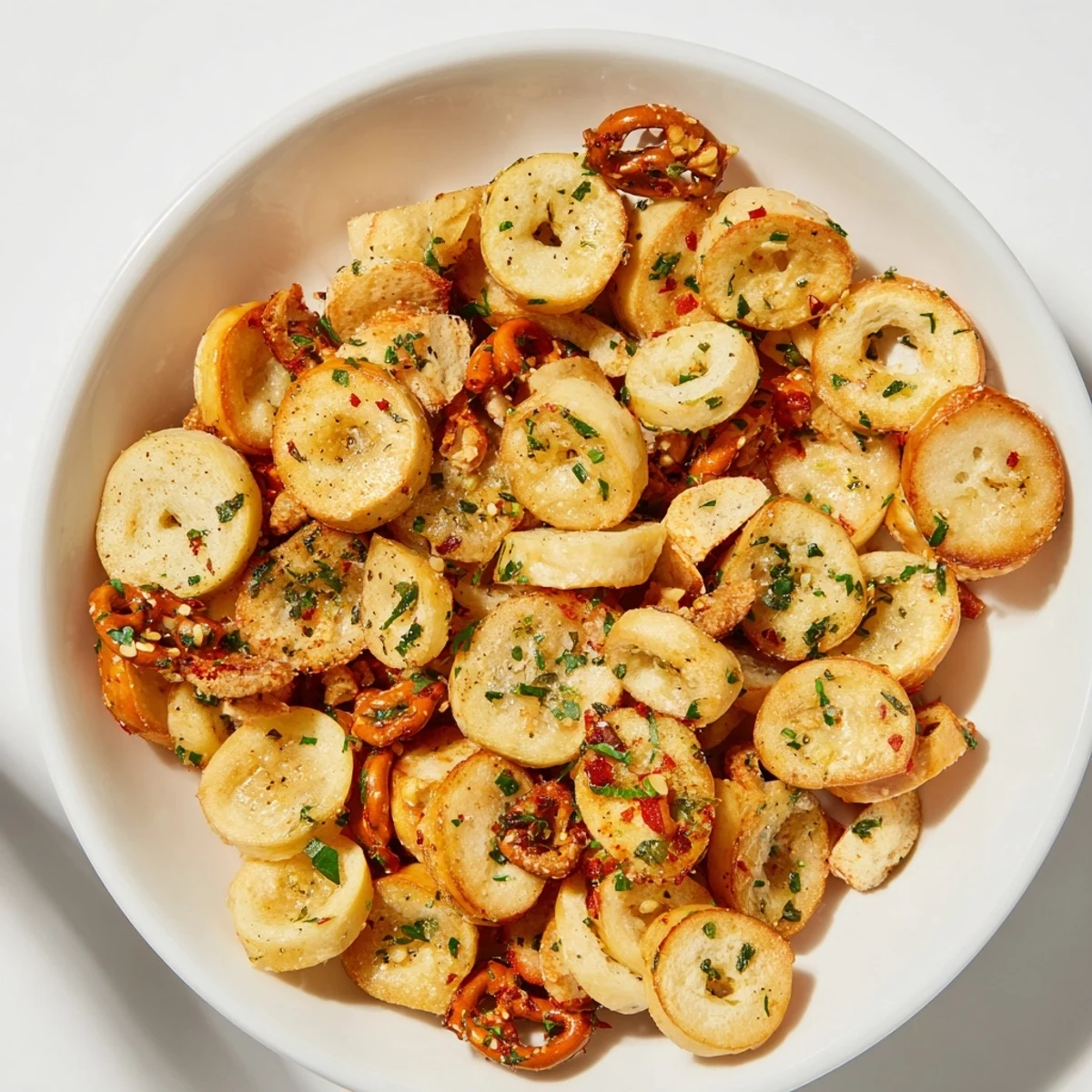 Crispy Air Fryer Bagel Chip Christmas Mix, a festive snack with golden, seasoned bagel chips and nuts.