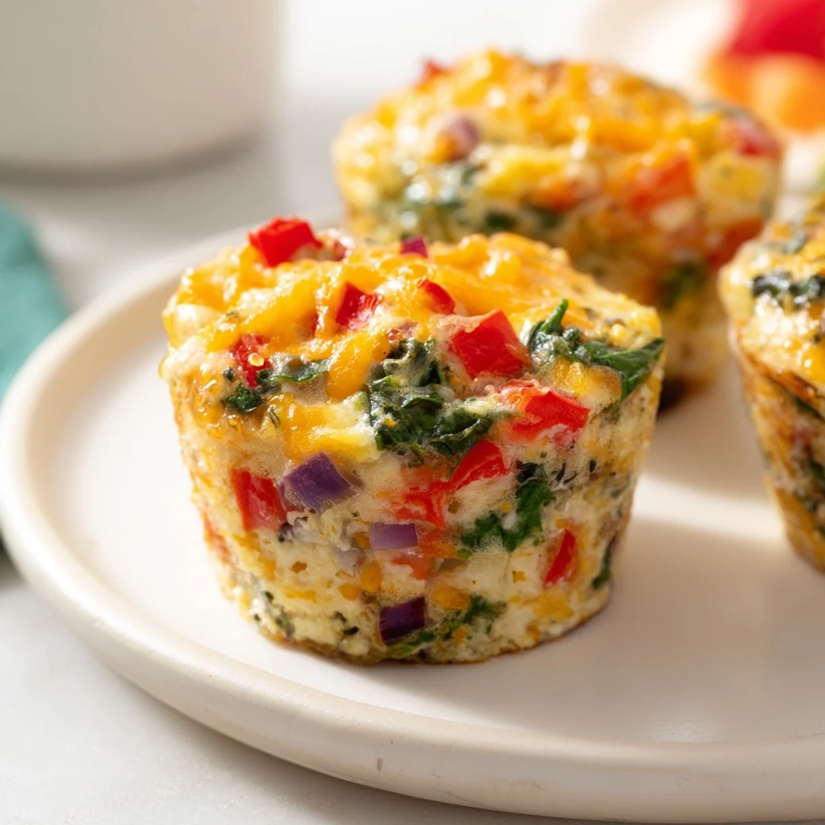 Golden-brown Easy Christmas Morning Egg Muffins reveal cheesy insides and colorful veggies—a festive breakfast.