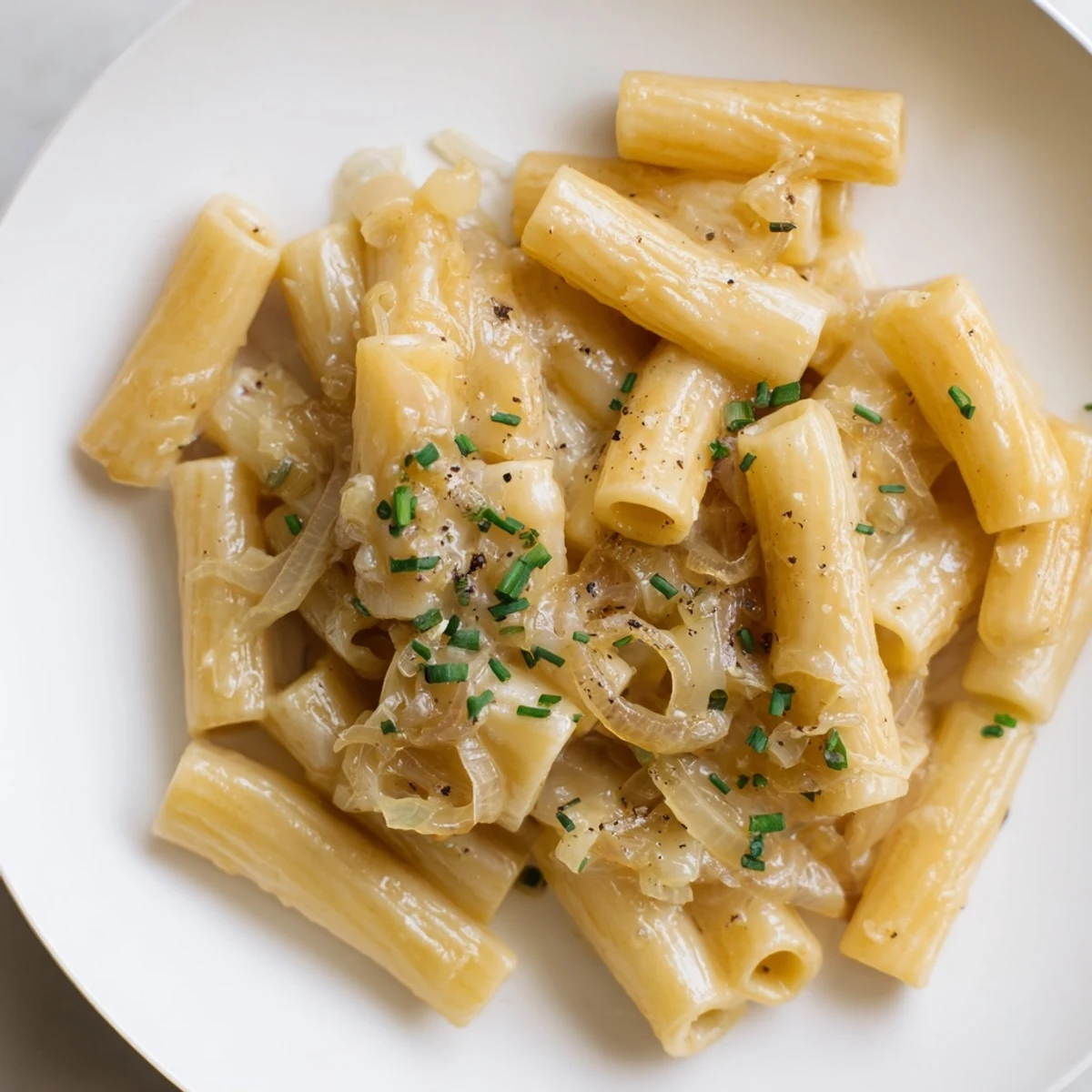 Picture a vibrant bowl of Creamy French Onion Ditalini, served hot with fresh herbs and golden cheese.