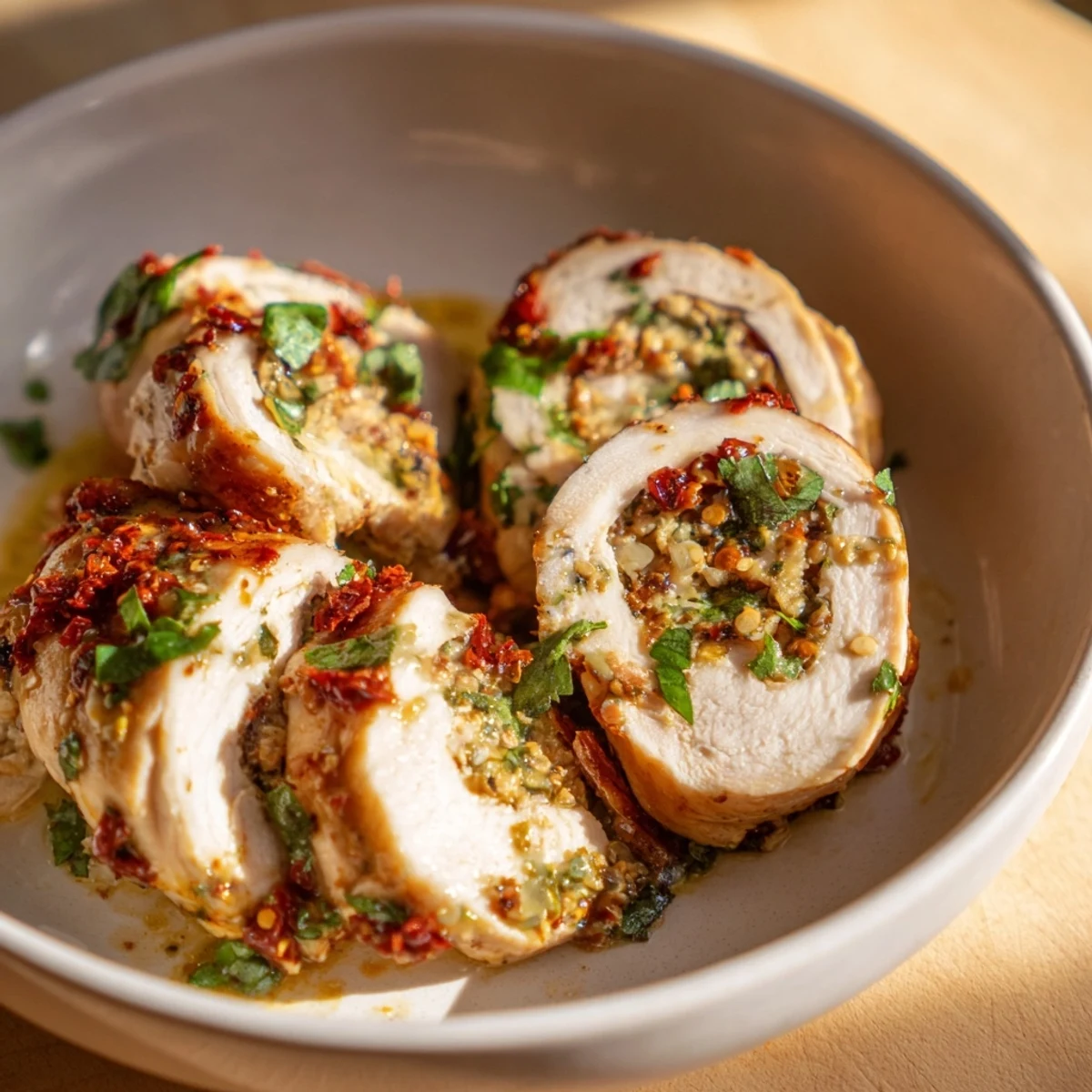 Golden, pan-seared Marry Me Chicken and Stuffing Roulades, bubbling in a creamy sauce, ready to serve.