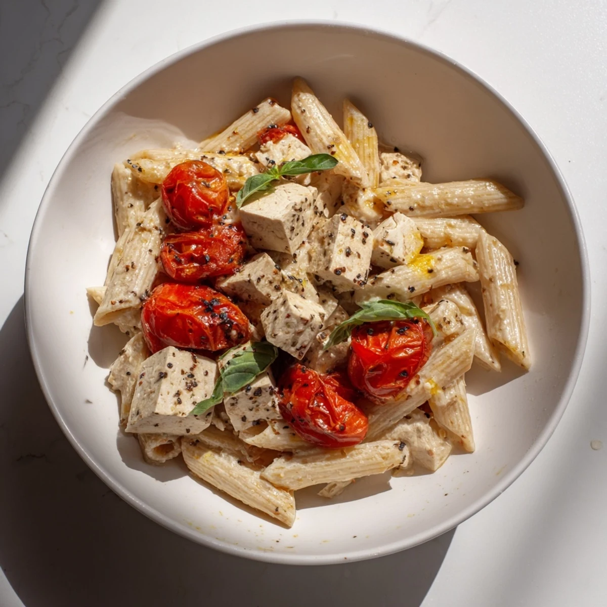 A close-up of creamy vegan baked tofu feta pasta, ready to be served hot and delicious.