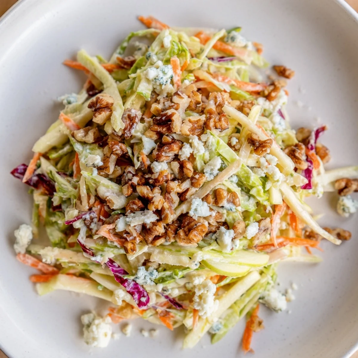 Vibrant Crunchy Apple & Walnut Slaw with Blue Cheese, tossed in a creamy dressing, ready to enjoy.