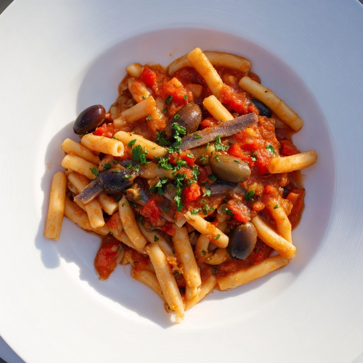 Steaming Puttanesca Ditalini, a flavorful Italian pasta dish with olives and capers, ready to be enjoyed.