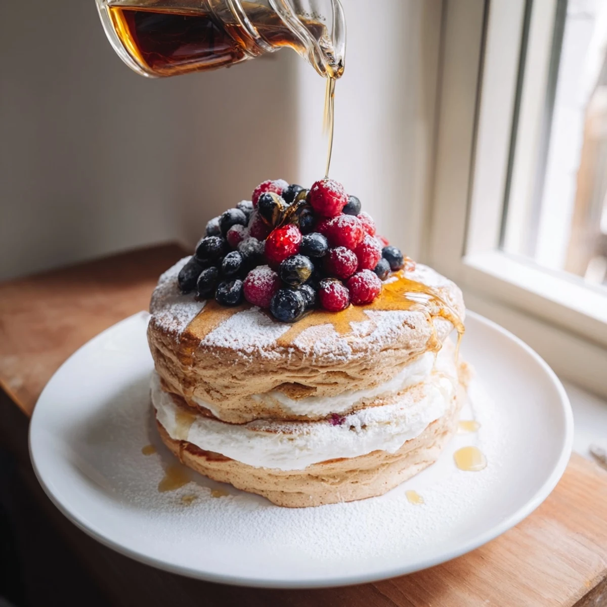 Golden-brown Egg White Gingerbread Matcha Soufflé Pancakes, fluffy inside, drizzled with maple syrup for a delicious brunch.