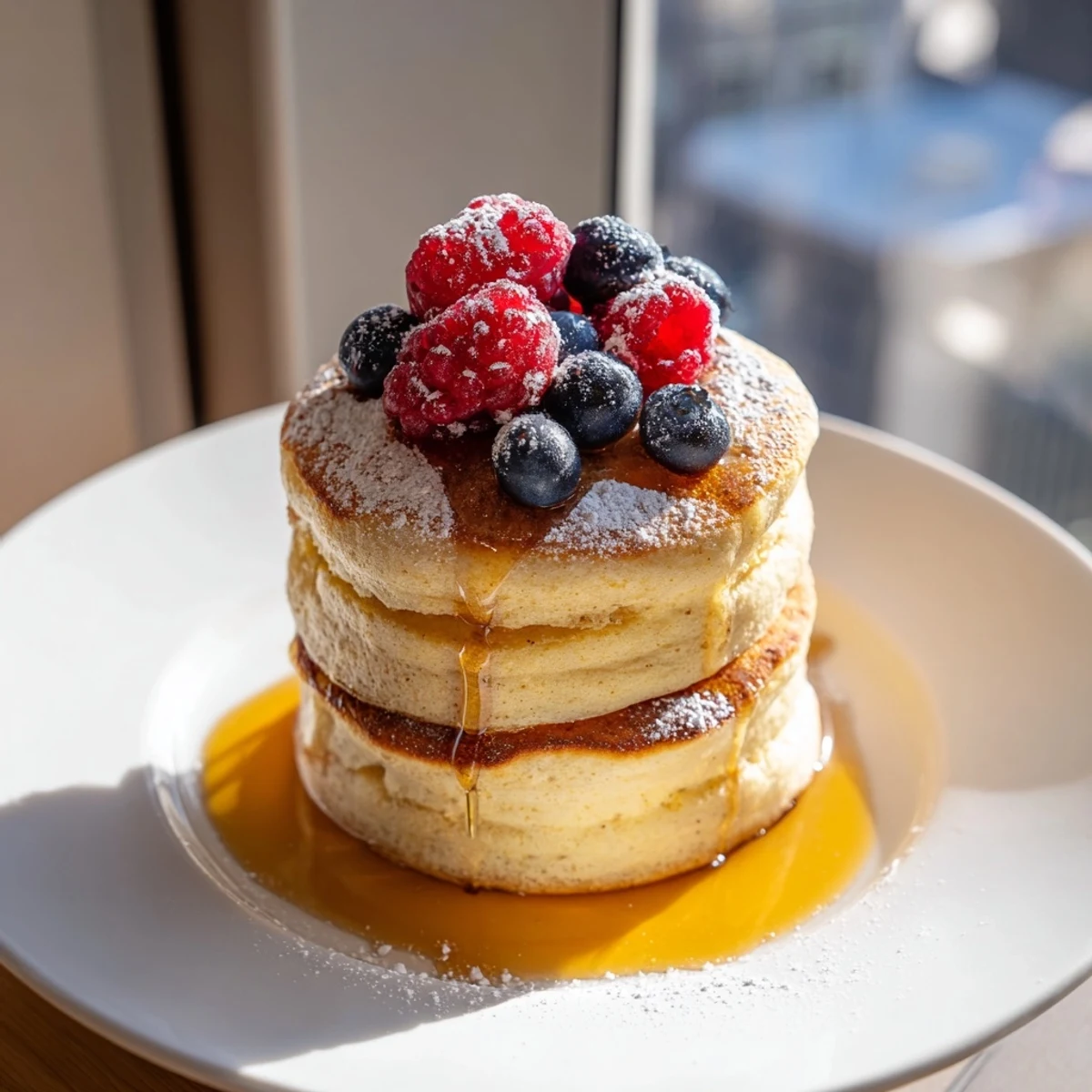 Tall, pillowy Egg White Gingerbread Matcha Soufflé Pancakes, a fusion of flavors, dusted with powdered sugar, ready to eat.
