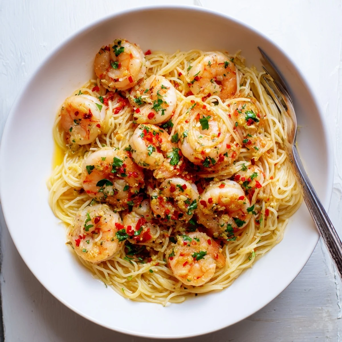 Golden-brown shrimp nestle in One-Skillet Lemon Garlic Shrimp Angel Hair Pasta, ready to be enjoyed.