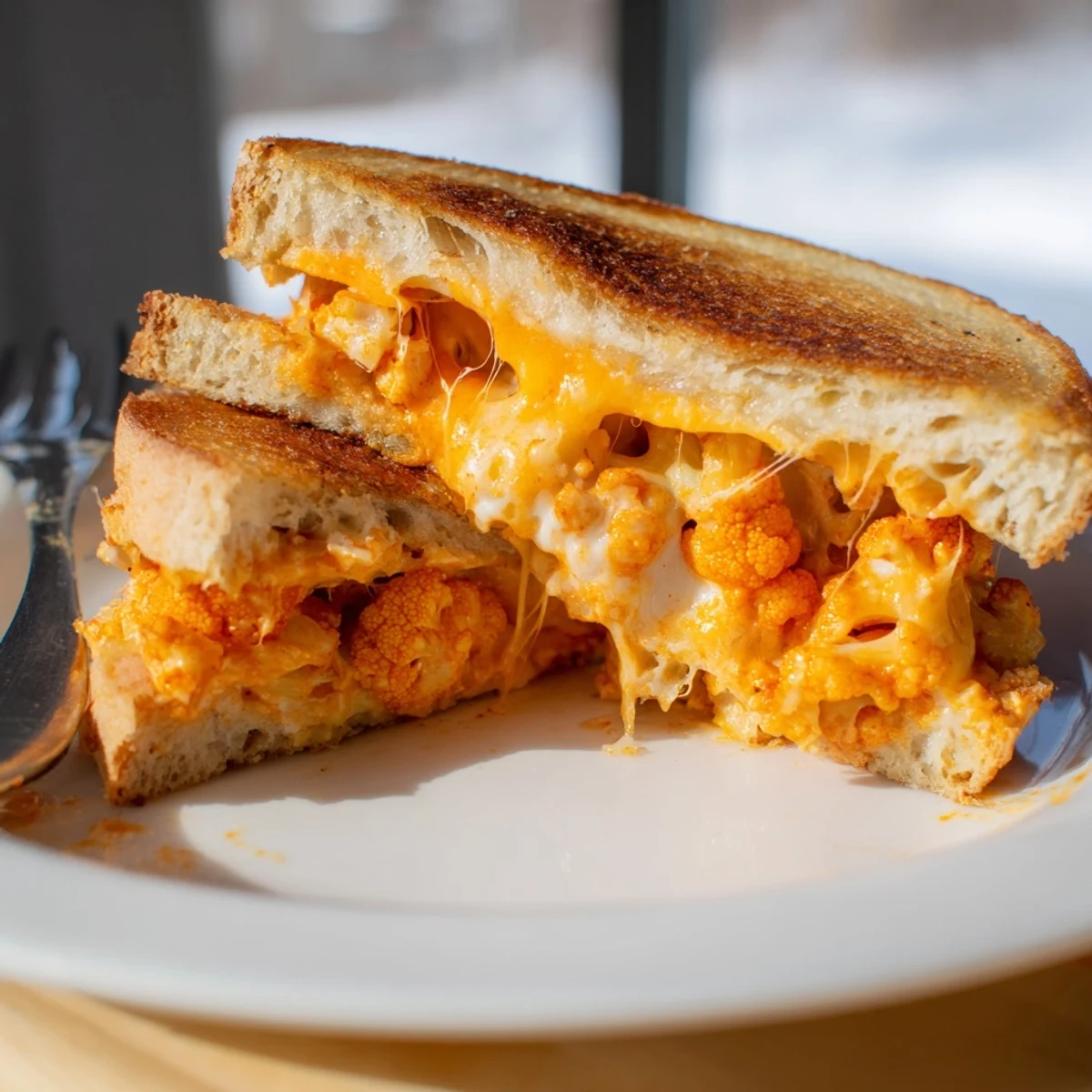 Golden-brown Buffalo Cauliflower Ranch Grilled Cheese, oozing melted cheese and spicy cauliflower filling.