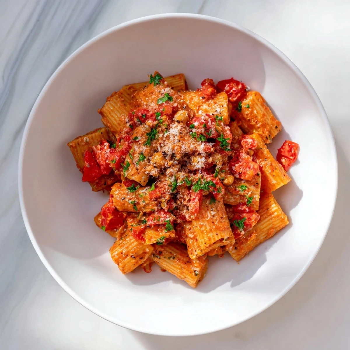 A close-up of Spicy Arrabbiata Roasted Chickpea Crunch Pasta, ready to be enjoyed with grated Parmesan.