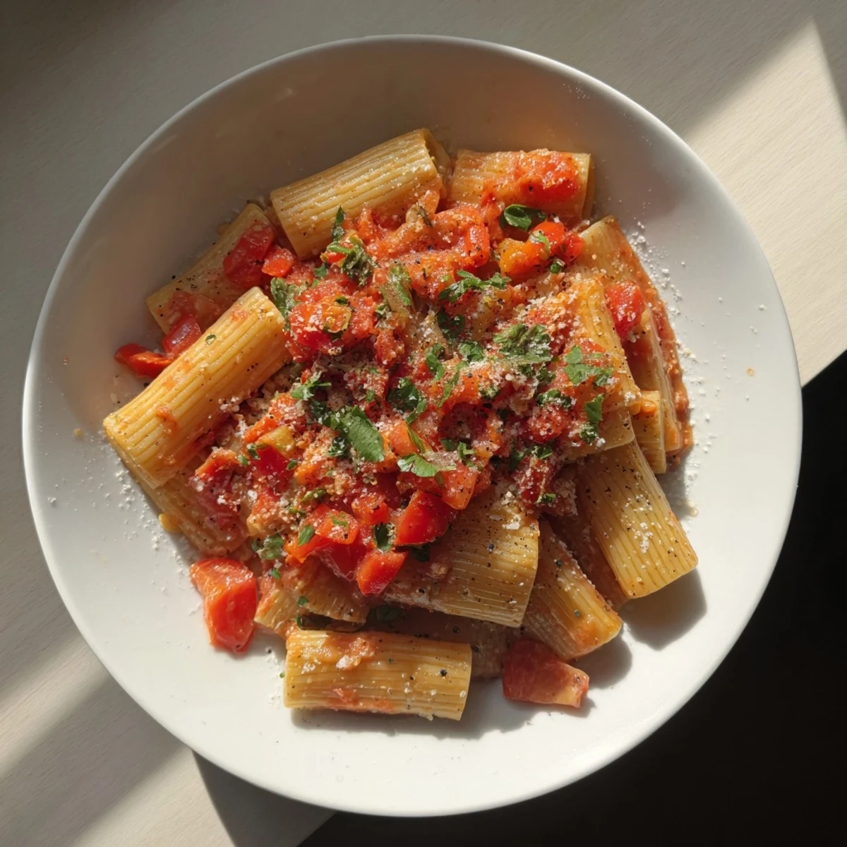 Tossed pasta in Spicy Arrabbiata sauce with crispy chickpeas and fresh basil, a delectable Italian dish.