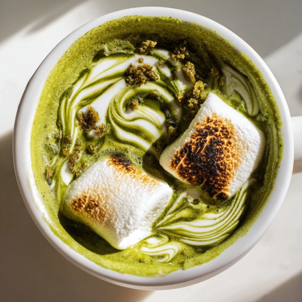 A mug of Campfire Matcha Hot Cocoa, featuring fluffy, perfectly toasted marshmallows atop decadent cocoa.