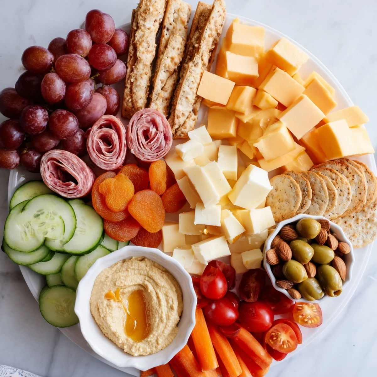 Delicious vegetarian picnic basket snack board features fresh vegetables, nuts, and creamy hummus for sharing.