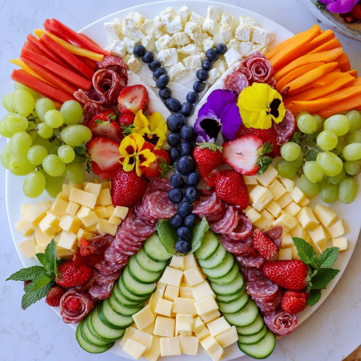 A colorful Butterfly Summer Board boasts fresh fruit, cheese, and flowers, perfect for summer gatherings.