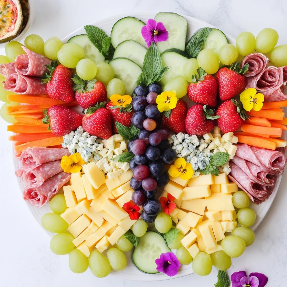 See the beautiful Butterfly Summer Board with vibrant fruits and cheeses, ready for a picnic spread.