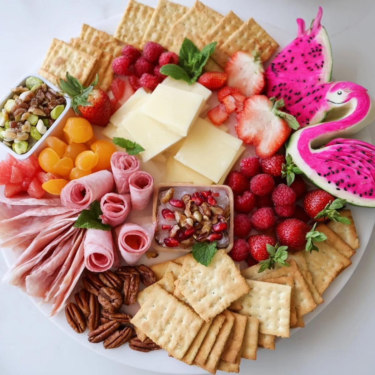 A colorful Flamingo Paradise Board features strawberries, dragon fruit, cheeses, and charcuterie perfect for sharing.