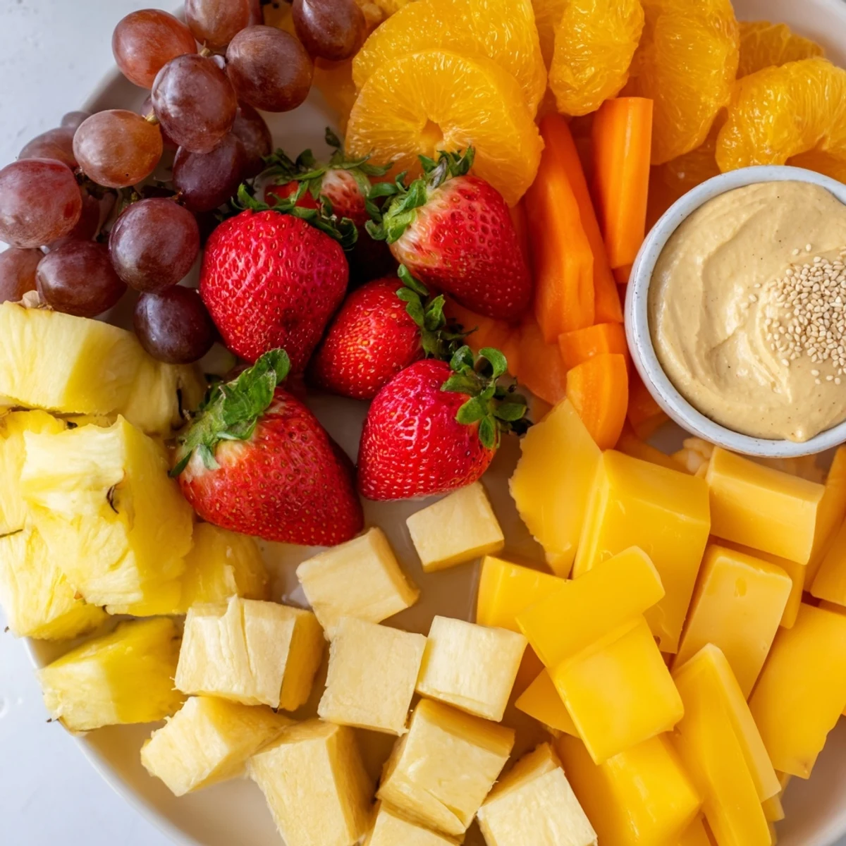 Sunshine Snack Tray featuring colorful fruits and veggies, a delicious, healthy appetizer.
