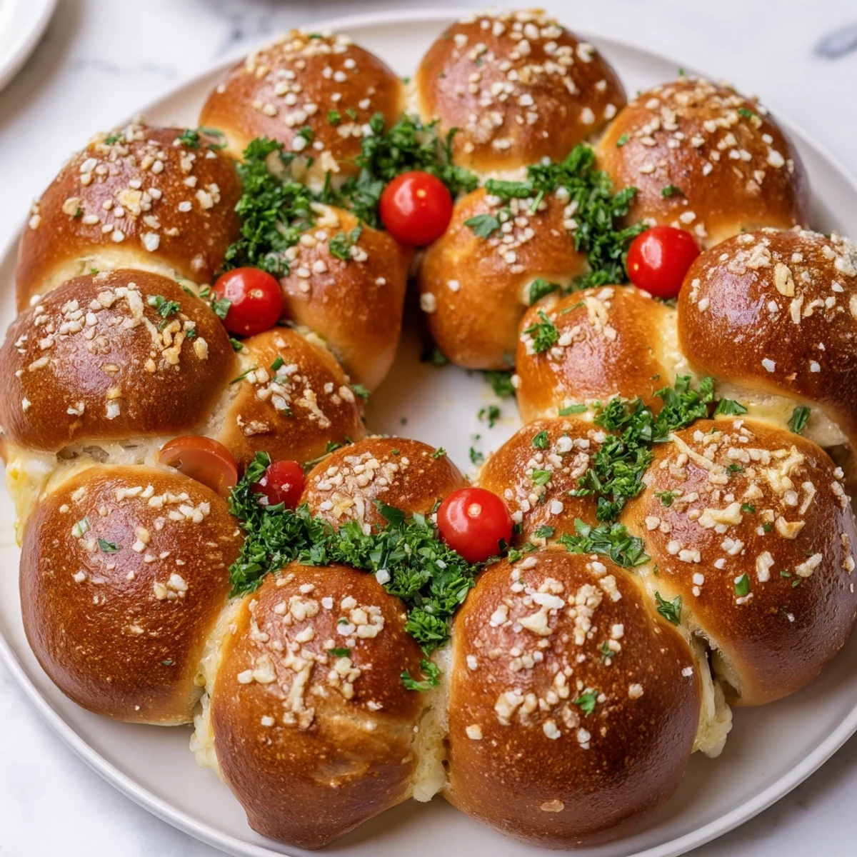 Close-up of a warm pretzel joy wreath, showcasing its soft interior and crispy, salty exterior.
