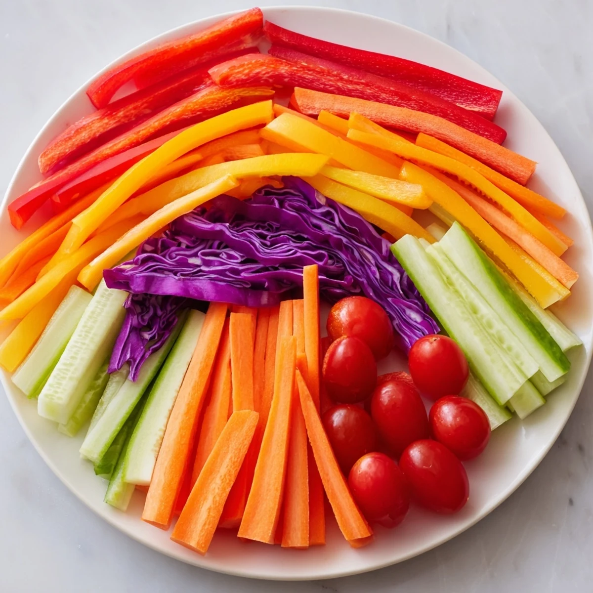 Bright and inviting, these colorful Rainbow Arch Bright Veggie Sticks make a perfect, refreshing snack.