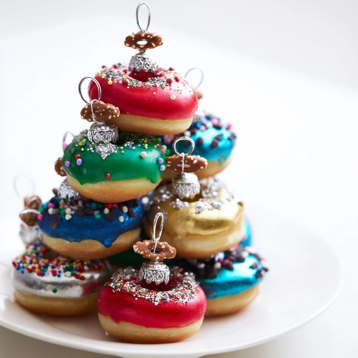 Visualize this donut stack Christmas ornament tower: a sweet, edible Christmas centerpiece with colorful, decorated mini-donuts.