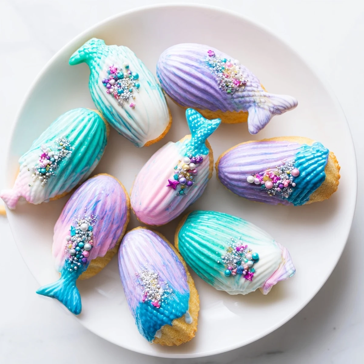 Delicate Mignardises Queue de Sirène, pastel-swirled madeleines dipped in white chocolate, shimmering with sprinkles.