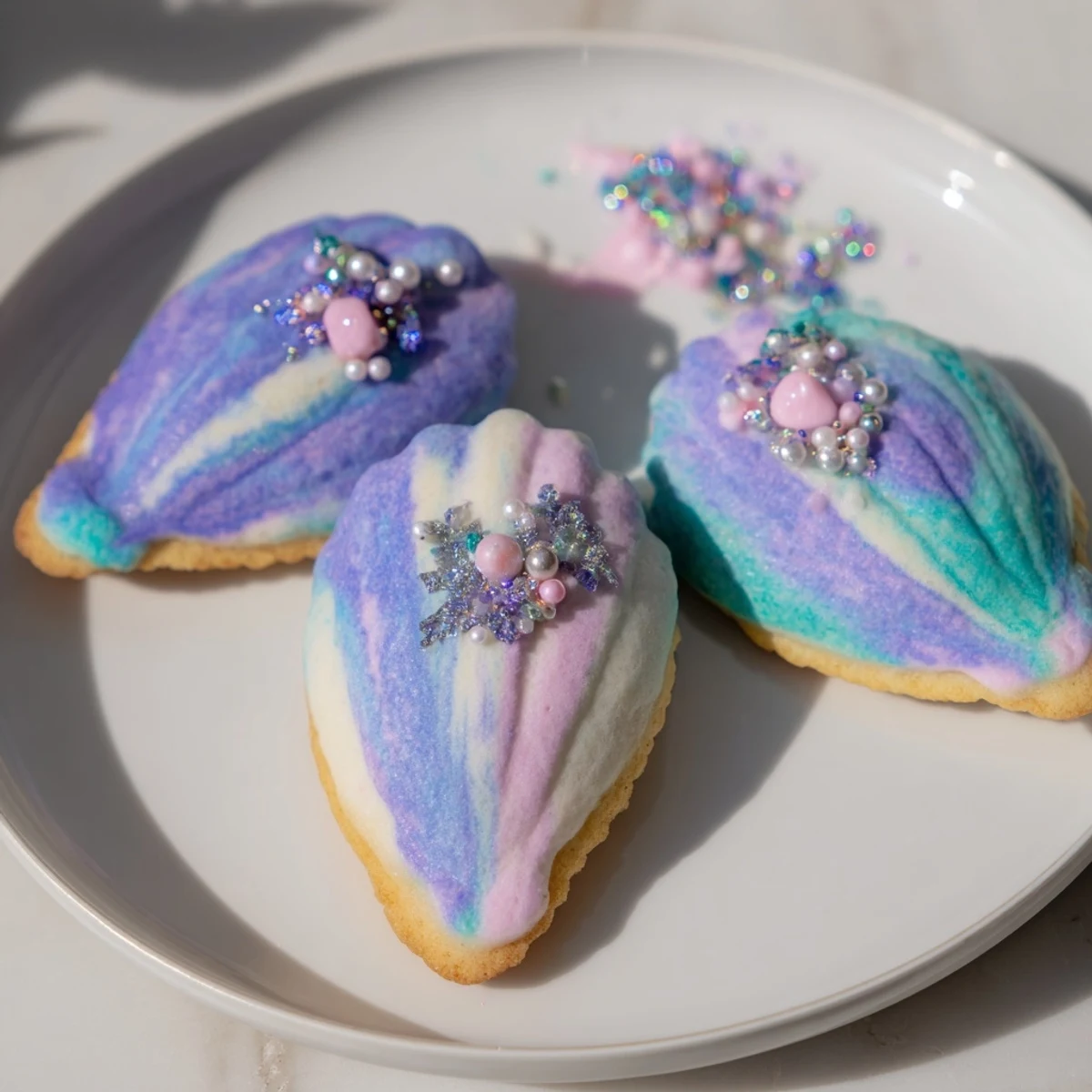 Close-up of elegantly decorated Mignardises Queue de Sirène: white chocolate dipped, mermaid-tail themed, petite treats.