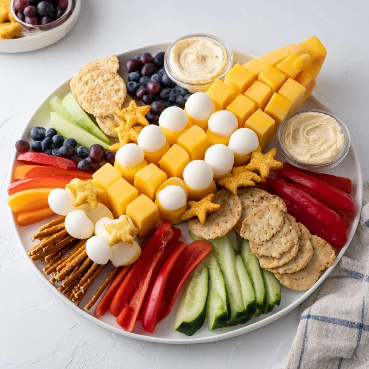 This delightful Spaceship Launch Snack Board showcases a variety of colorful snacks and dips for a playful party.