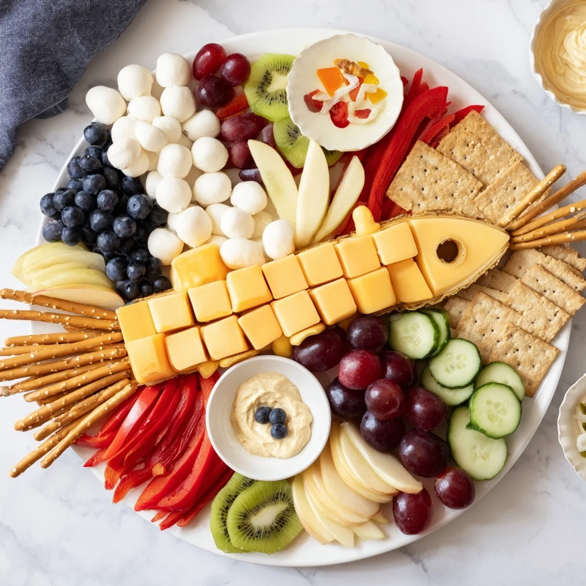 Visualize the exciting Spaceship Launch Snack Board, packed with grapes, cheese cubes, and fun dippings for a crowd.