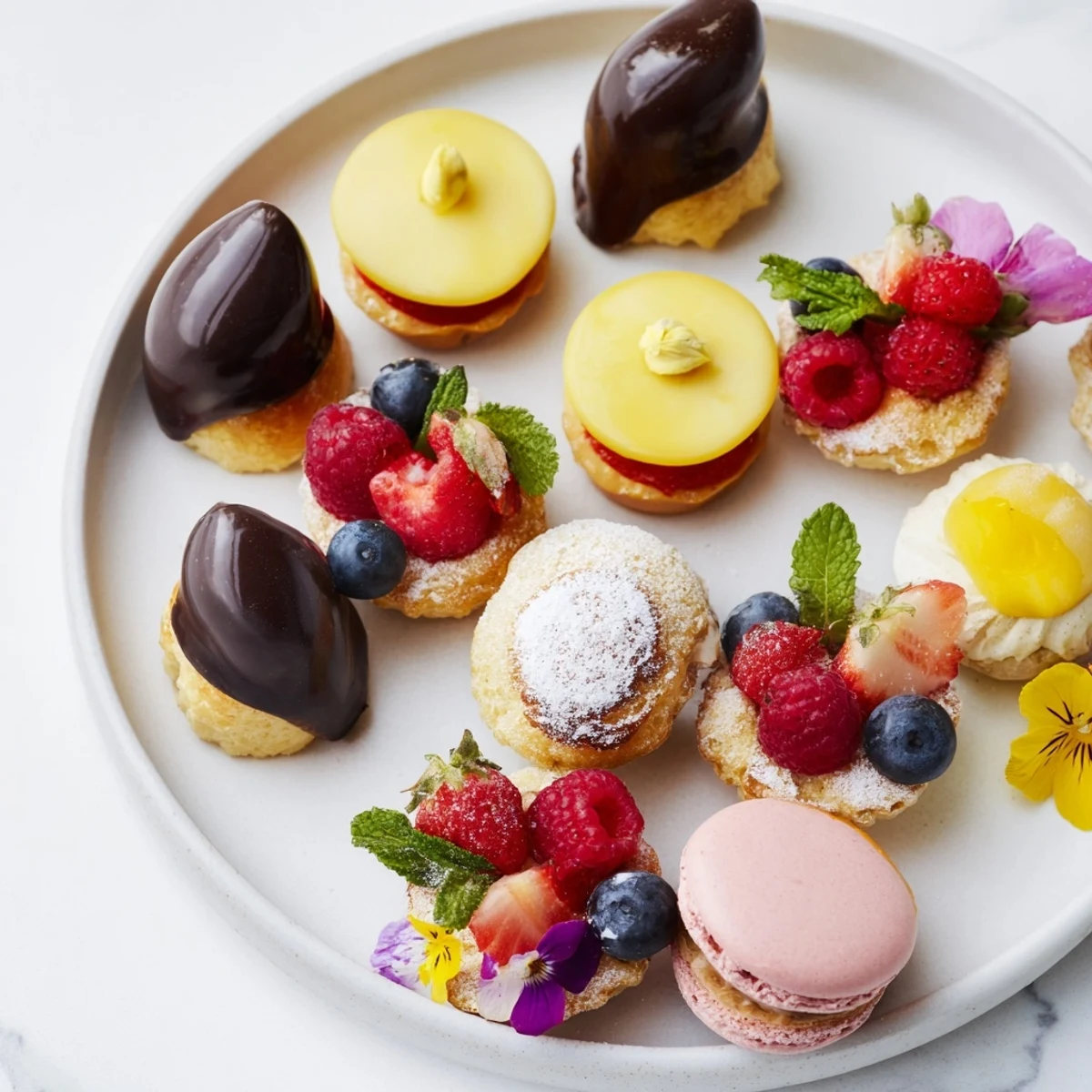 Elegant presentation of the Montgolfière dessert platter: miniature French desserts with fresh berries.