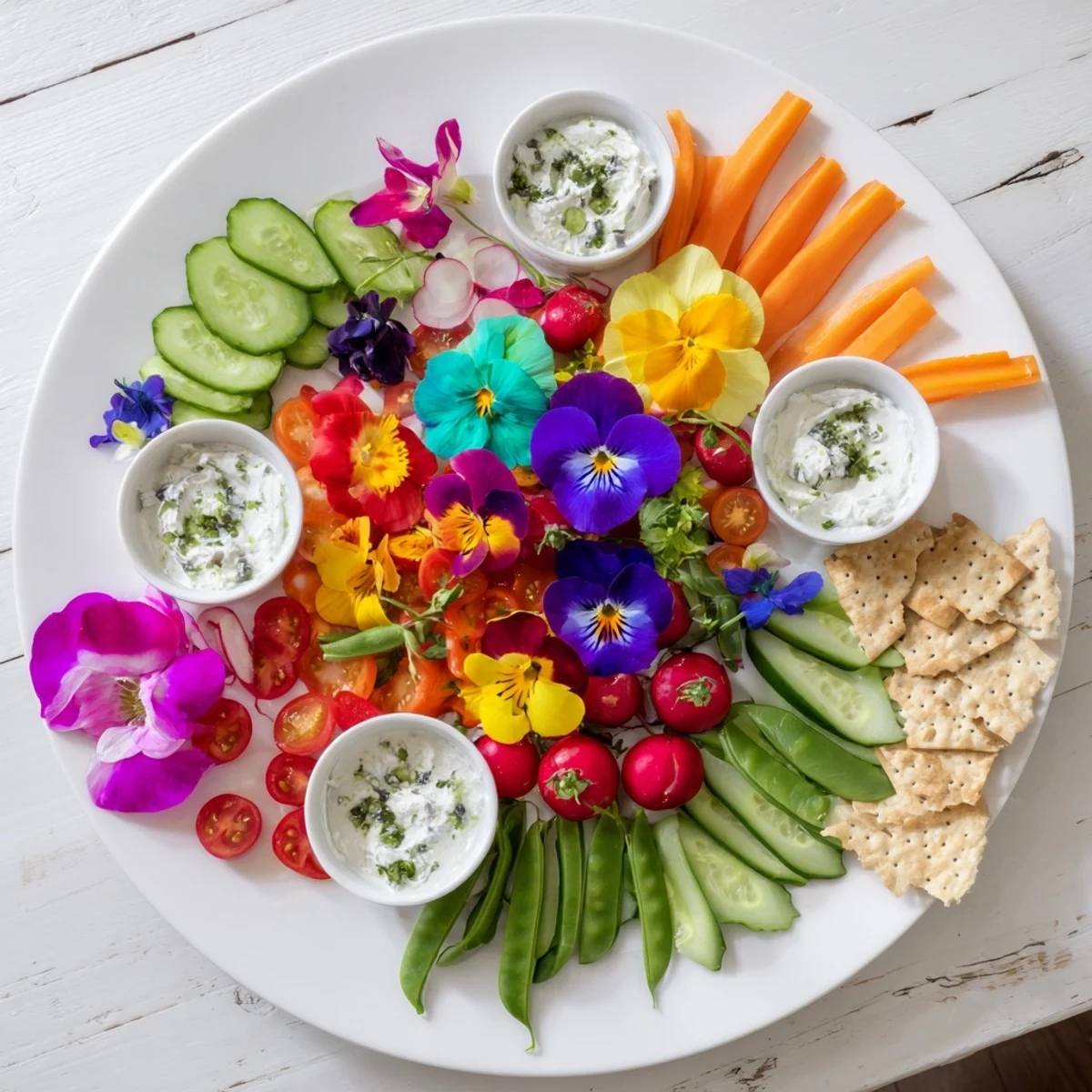 Fairy Garden Platter with vibrant edible flowers, fresh veggies and creamy dips arranged beautifully for sharing.