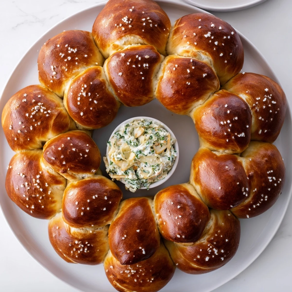 Cheesy spinach dip in the center of a warm Pretzel Wreath Dip Ring, perfect for dipping and snacking.