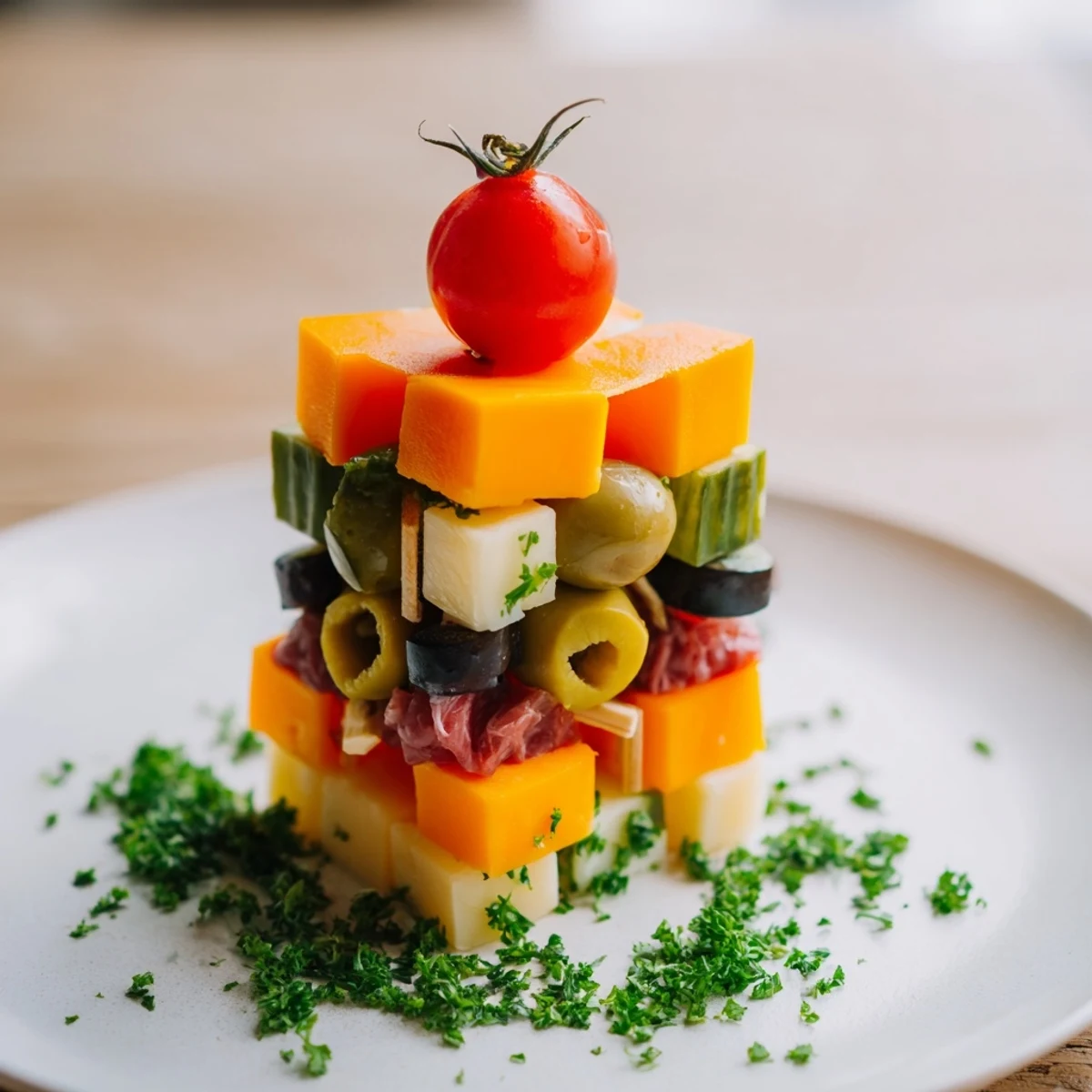 Festive Cube Cheese Stack: Colorful layers of cheddar, gouda, and pepper jack are skewered with cherry tomatoes.