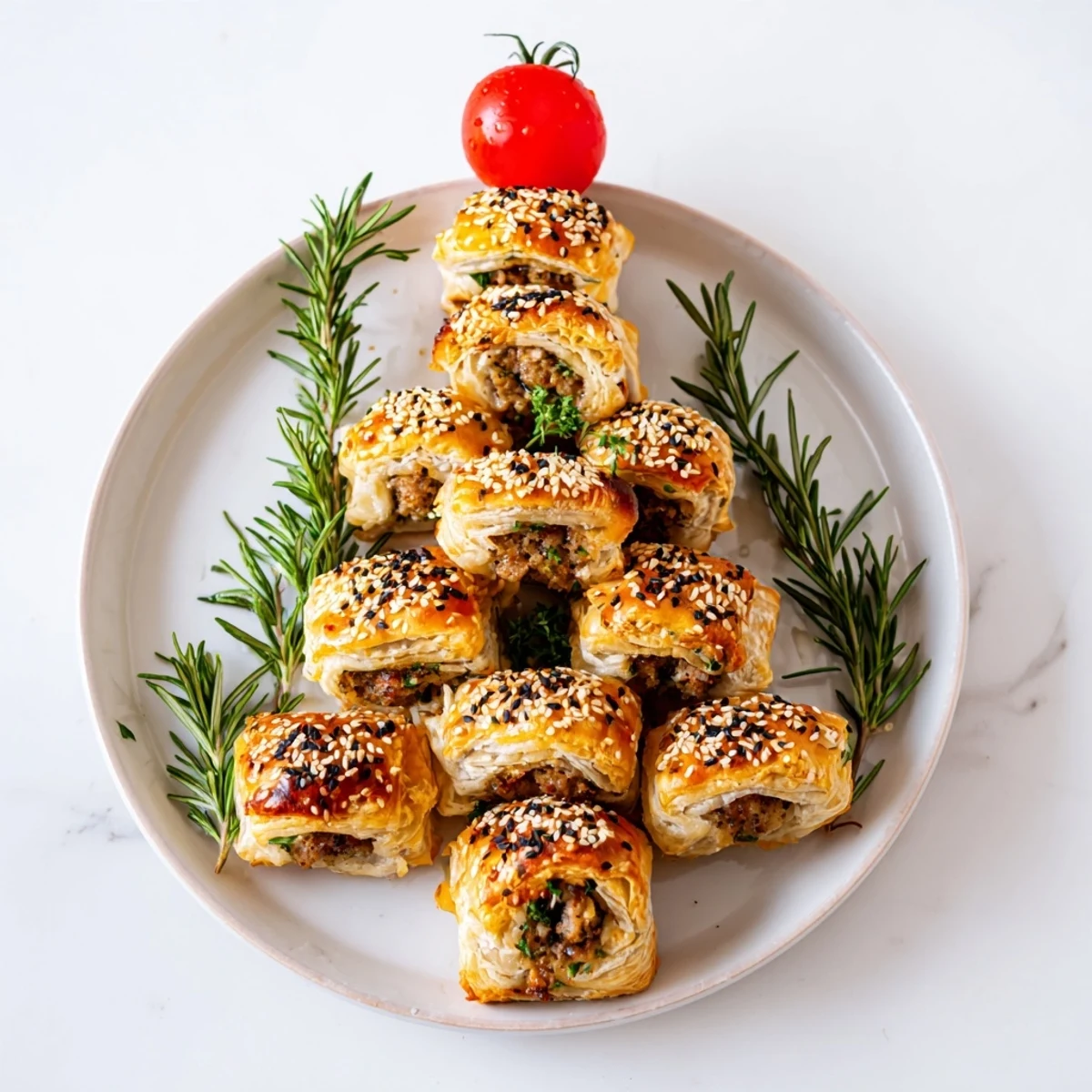 Warm, crispy mini sausage rolls shaped like a Christmas tree, ready for dipping and enjoying.