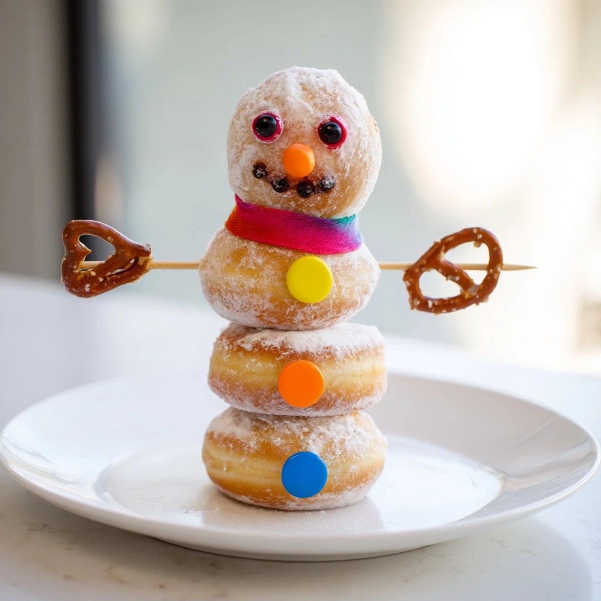 Mini donut snowman stacks: whimsical, no-bake holiday treats—powdered donuts and candy faces.